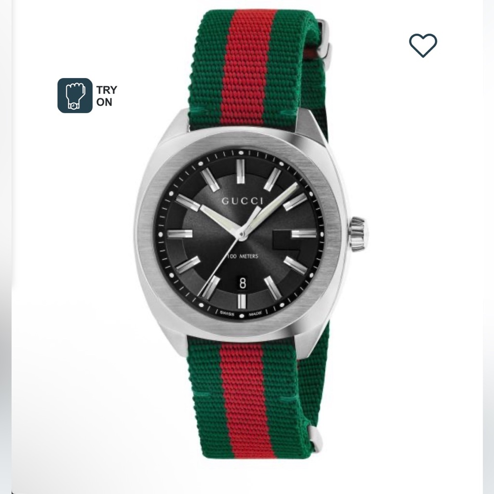 Gucci Silver Case Watch with Black Dial and Green-Red Nylon Strap Men’s- Unisex